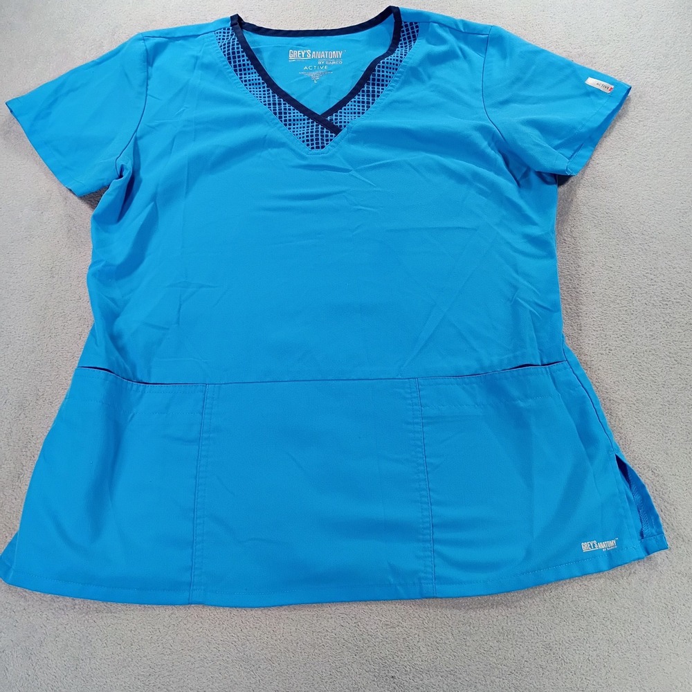 Greys Anatomy Womens Active Scrub Top Blue Large V-Neck Mesh Trim